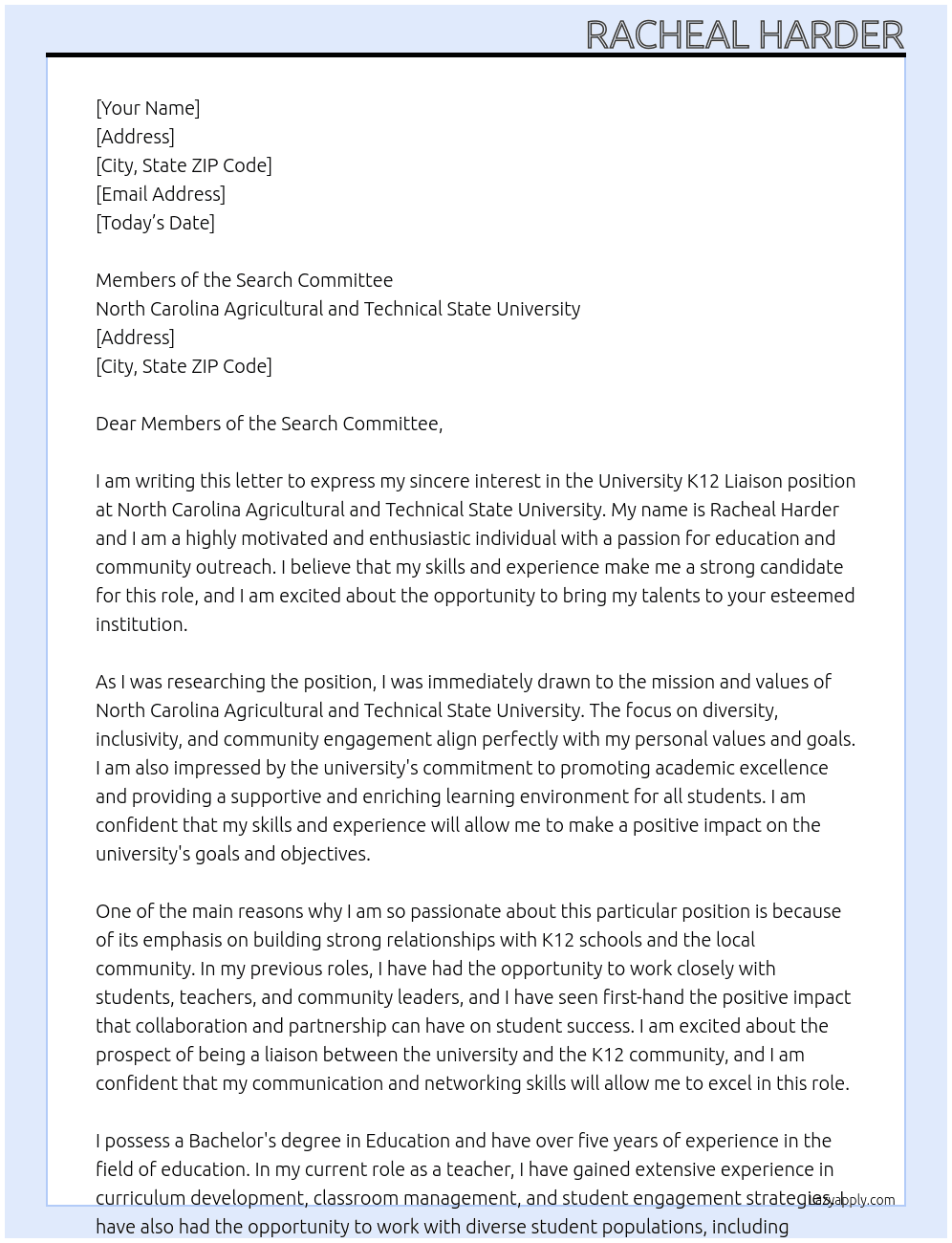 University K12 Liasion At North Carolina Agricultural and Technical State University Cover Letter