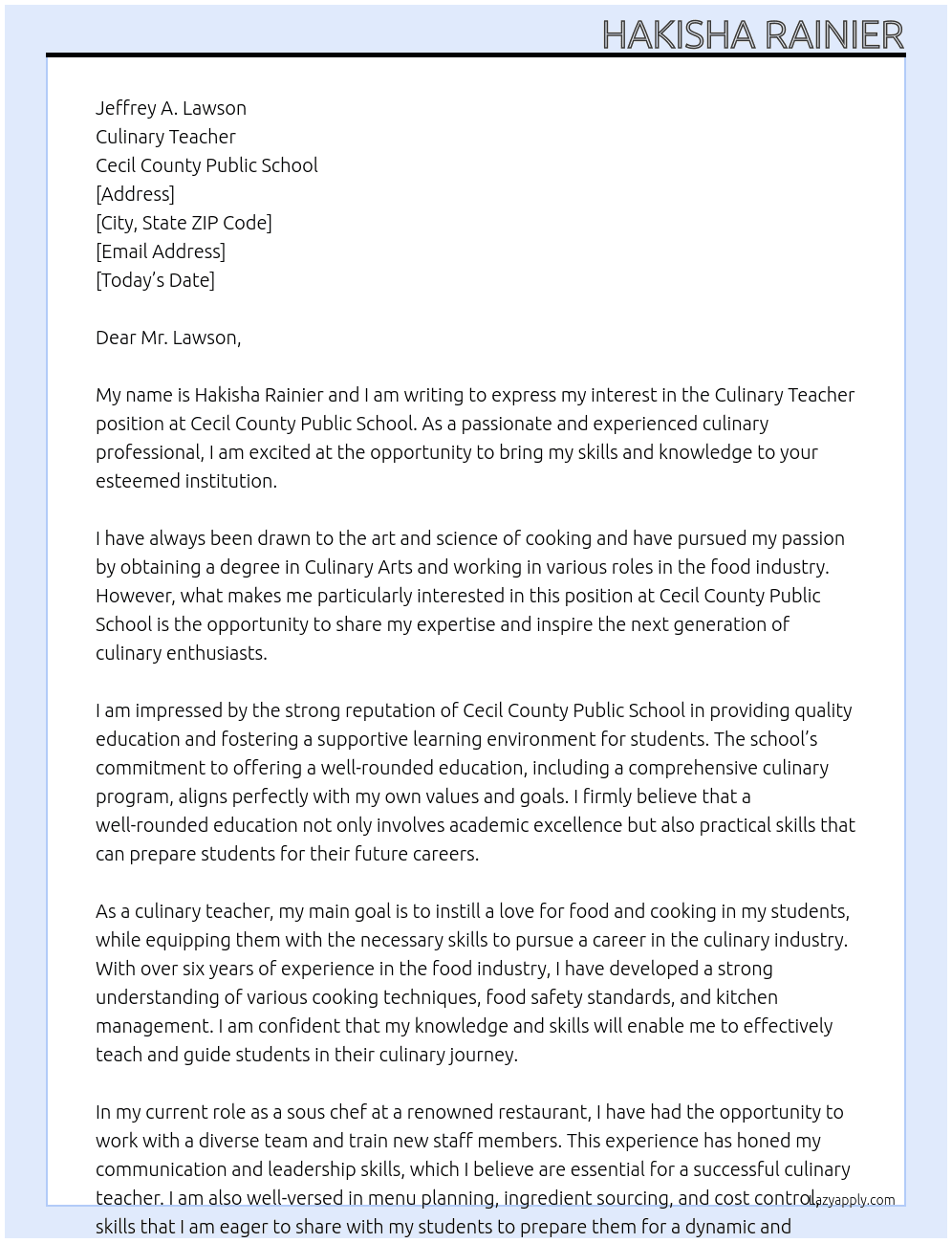 Culinary Teacher At Cecil County Public School Cover Letter