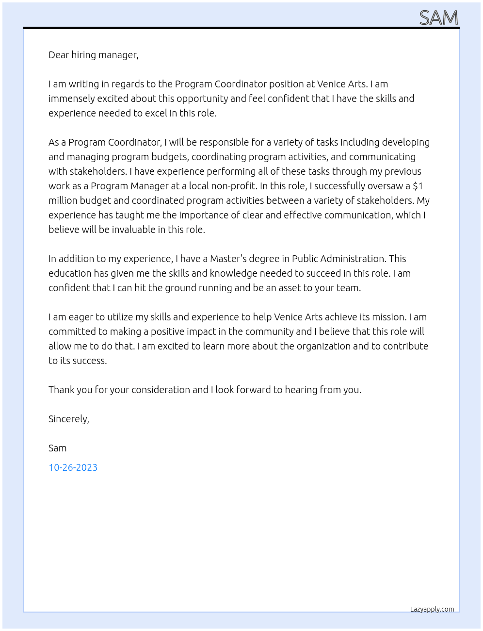 Program Coordinator  At Venice Arts Cover Letter