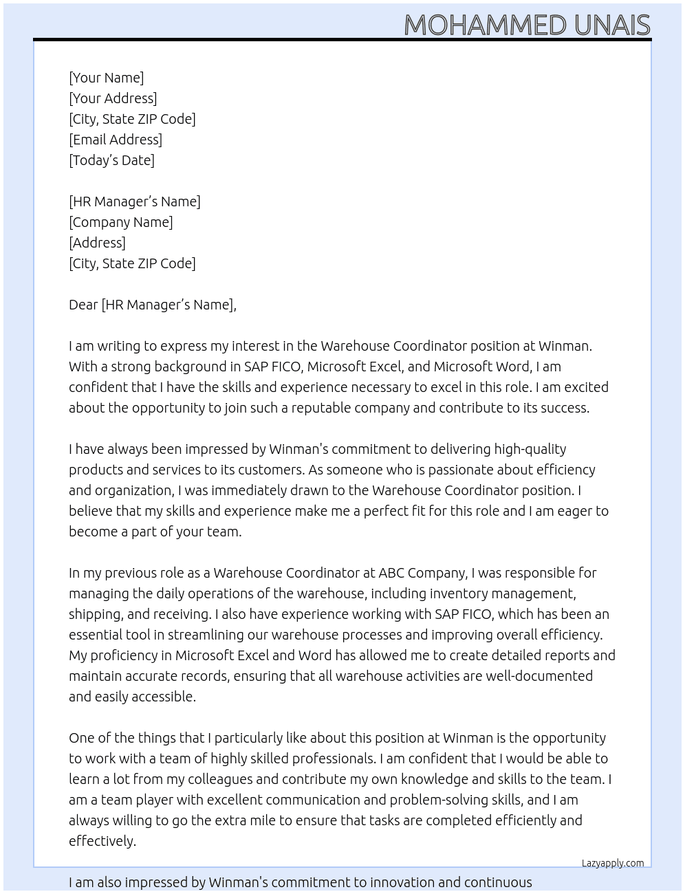 Warehouse coordinator  At Winman Cover Letter