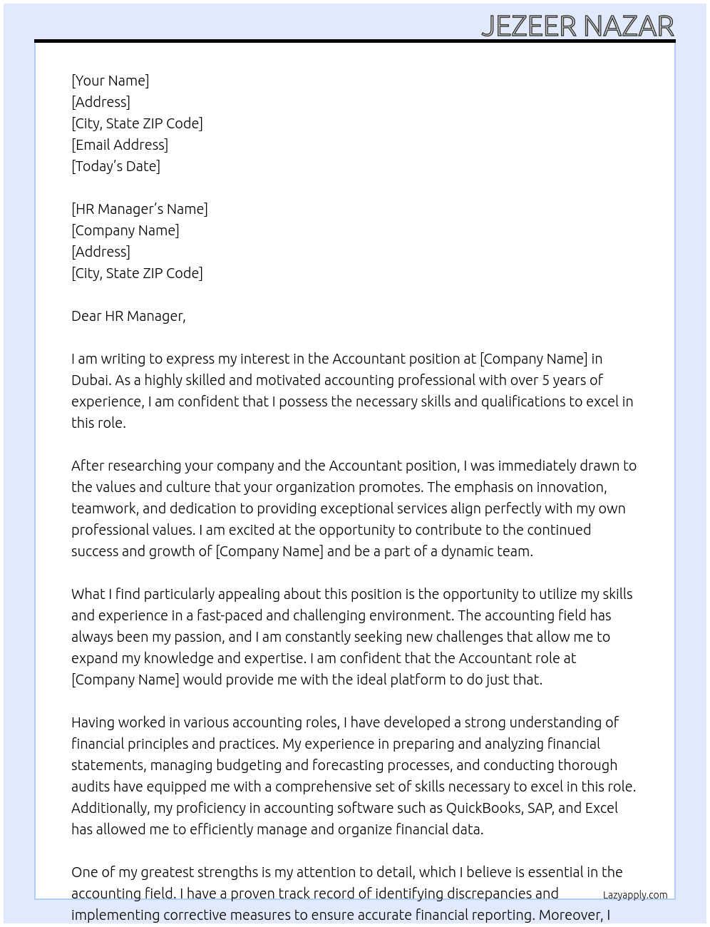 ACCOUNTNAT At DUBAI Cover Letter
