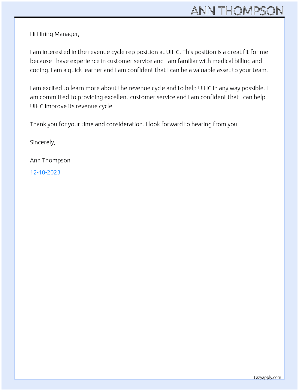 revenue cycle rep At UIHC Cover Letter
