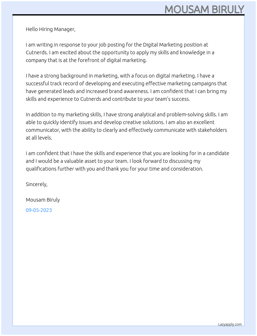 Digital Marketing At Cutnerds Cover Letter