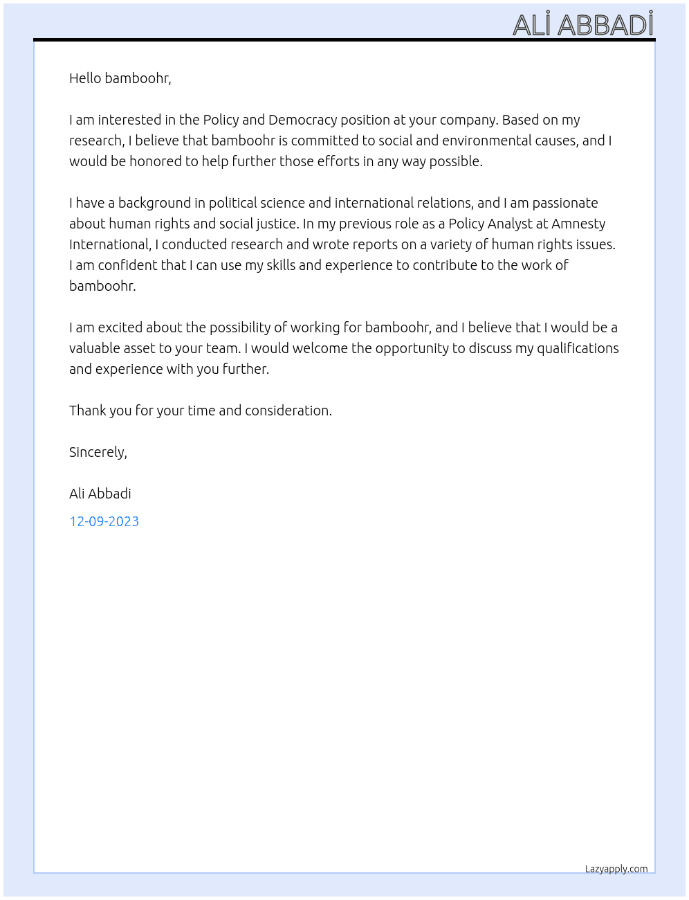 Policy and Democracy At bamboohr  Cover Letter