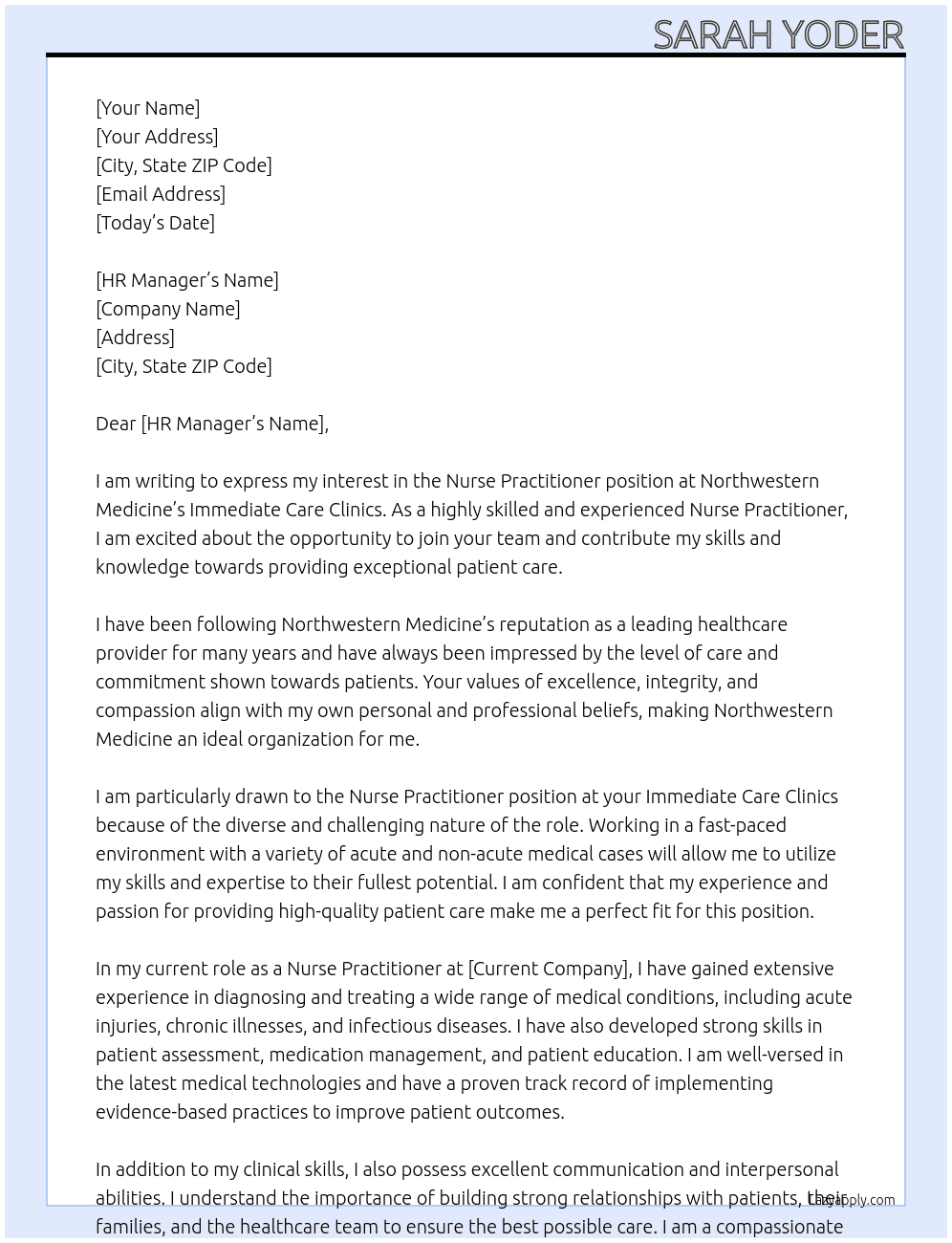 Nurse Practitioner - Immediate Care Clinics At Northwestern Medicine Cover Letter
