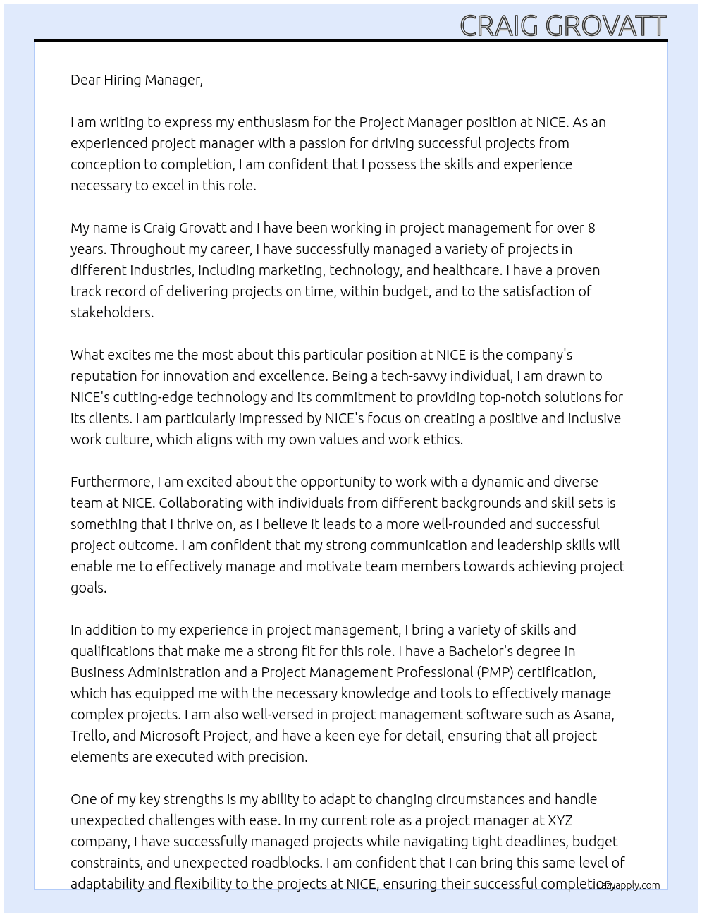 Project Manager At NICE Cover Letter