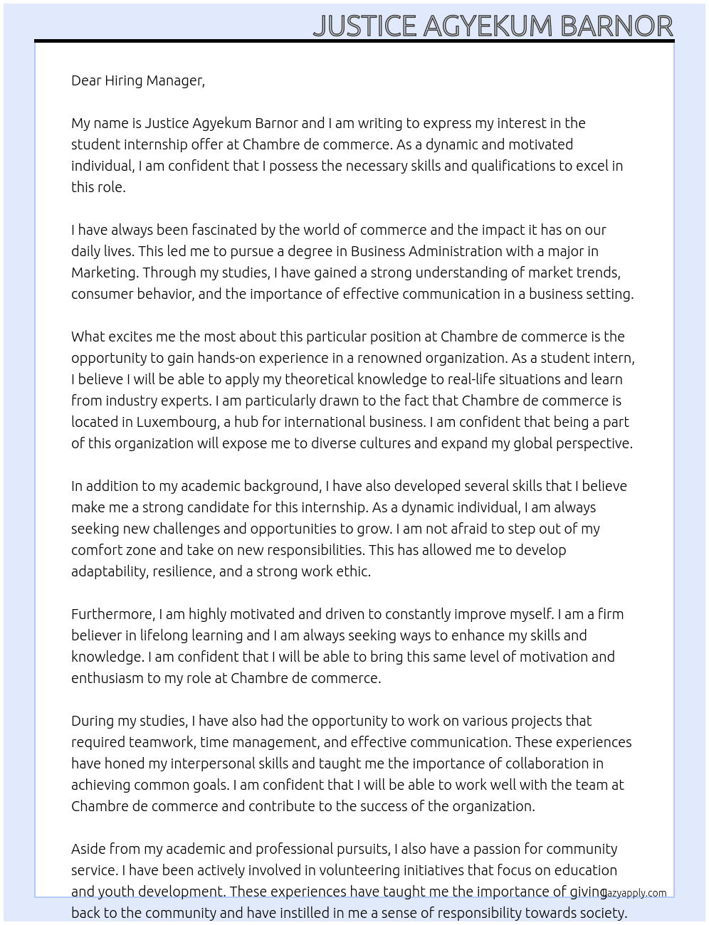 student internship offer At Chambre de commerce Cover Letter