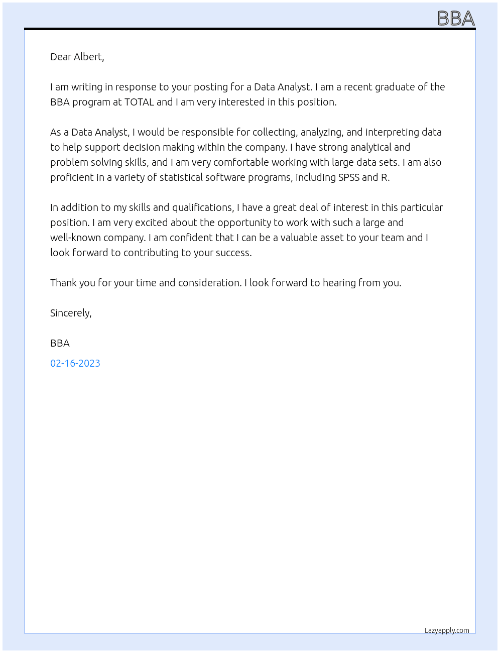 Data Analyst At TOTAL Cover Letter