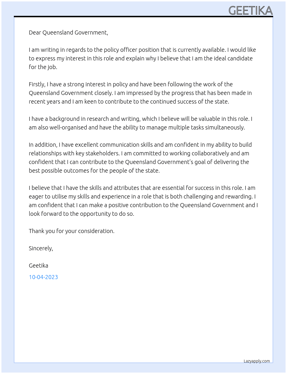 policy officer At Queensland Government Cover Letter