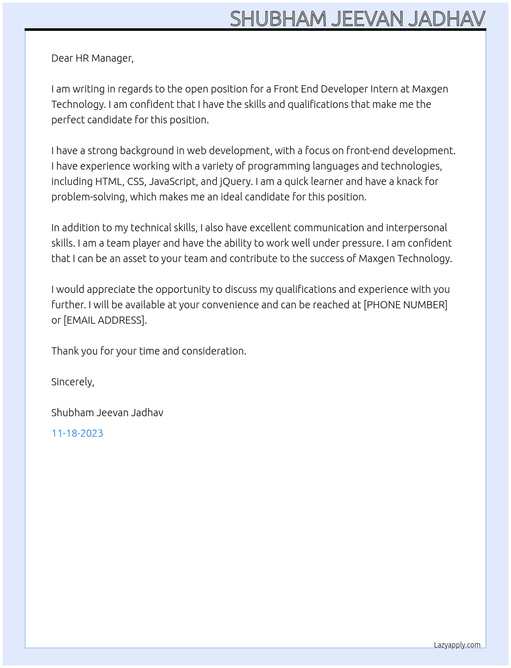 front end developer intern At Maxgen Technology Cover Letter