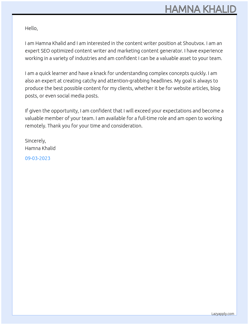  content writer At Shoutvox Cover Letter