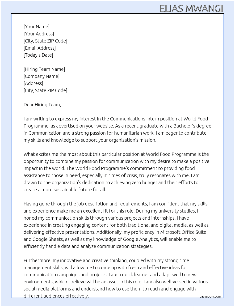 Communications Intern At World Food Programme Cover Letter