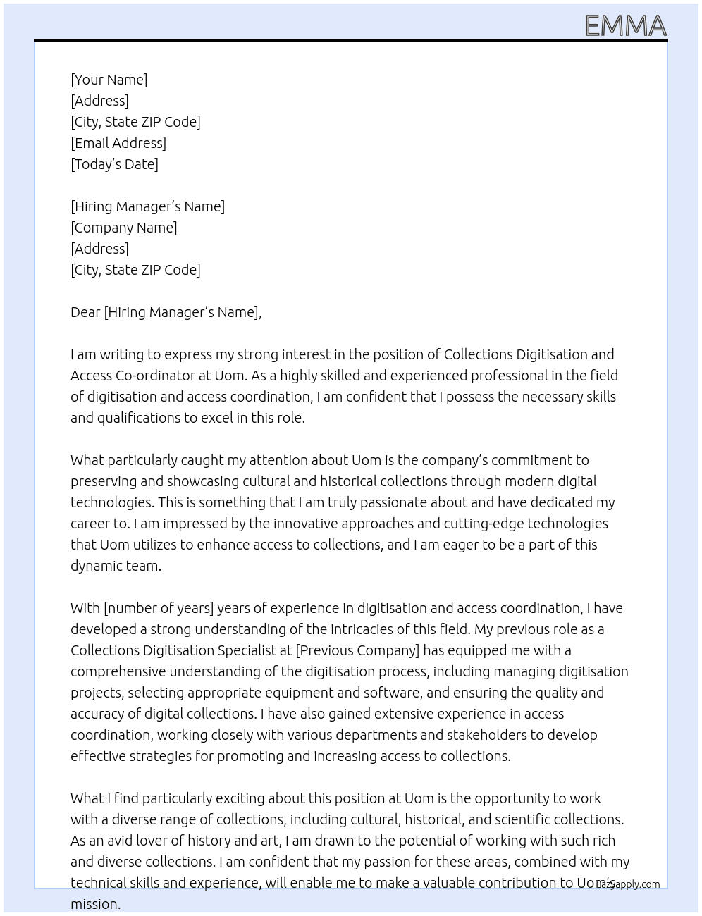 COLLECTIONS DIGITISATION AND ACCESS CO-ORDINATOR At Uom Cover Letter