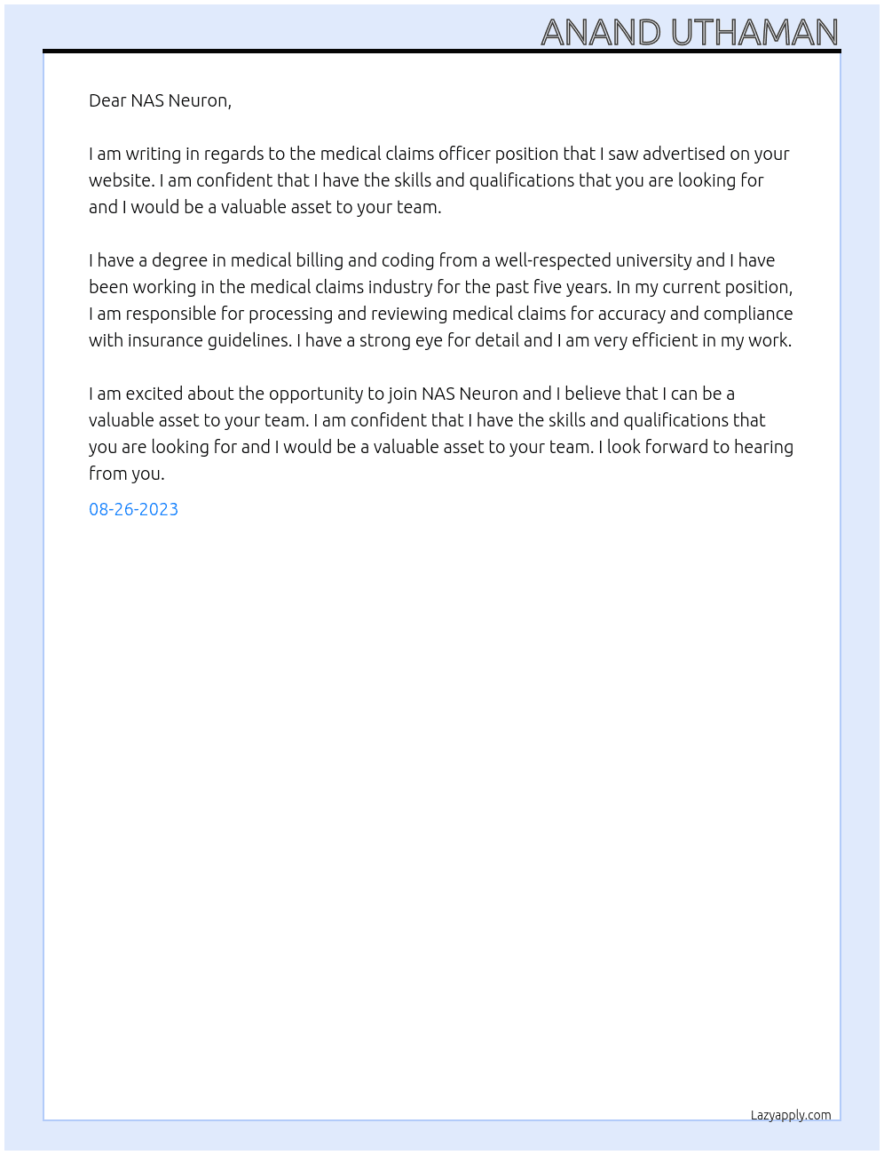 medical claims officer At NAS Neuron Cover Letter