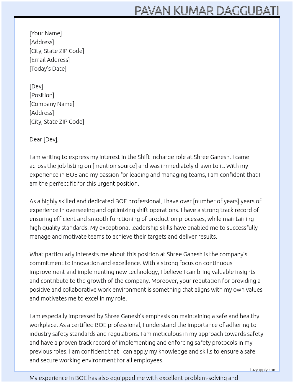 shift incharge At shree ganesh Cover Letter
