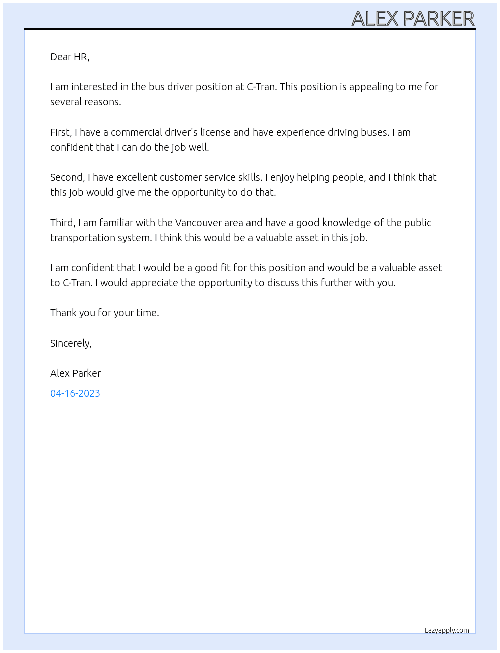 Bus Driver At C-Tran Cover Letter
