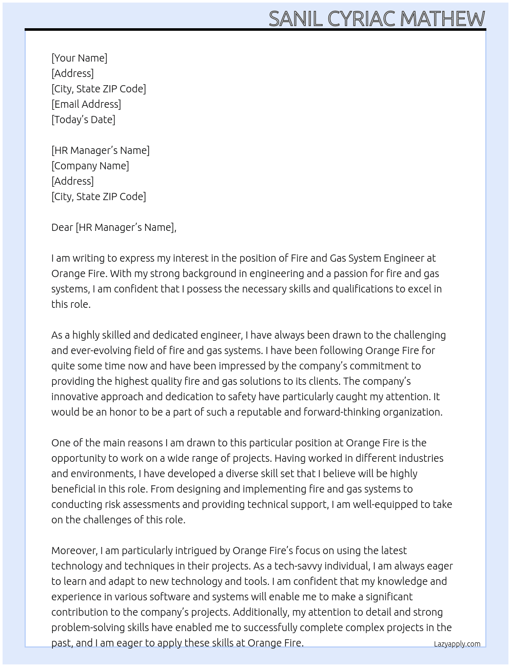 Fire and Gas System Engineer At Orange Fire Cover Letter