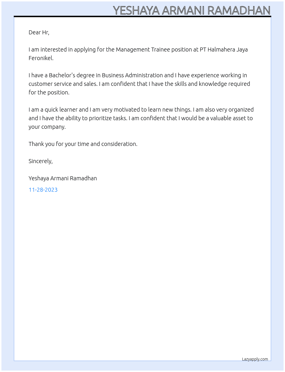 Management Trainee At PT Halmahera Jaya Feronikel Cover Letter