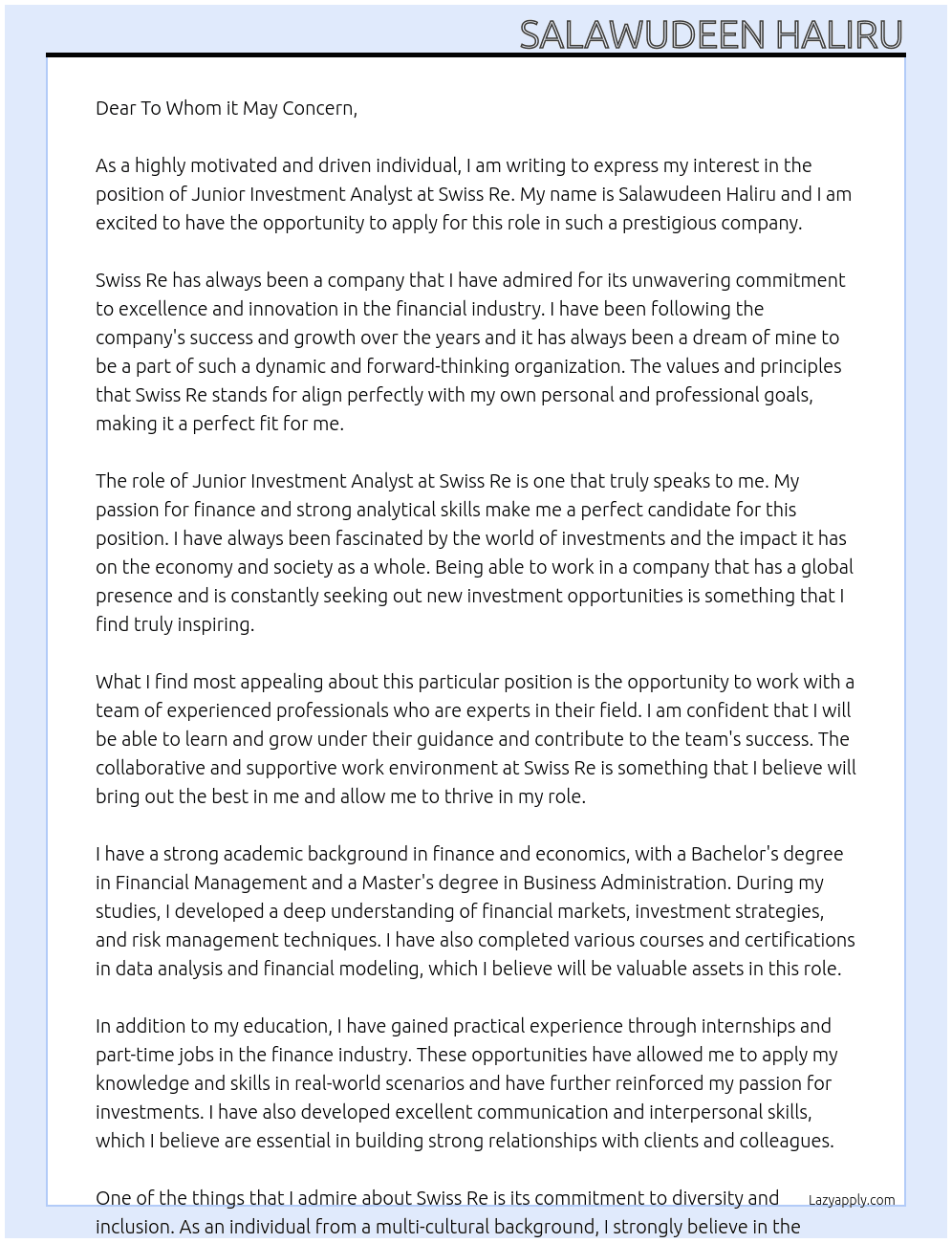 Junior Investment Analyse At Swiss Re. Cover Letter