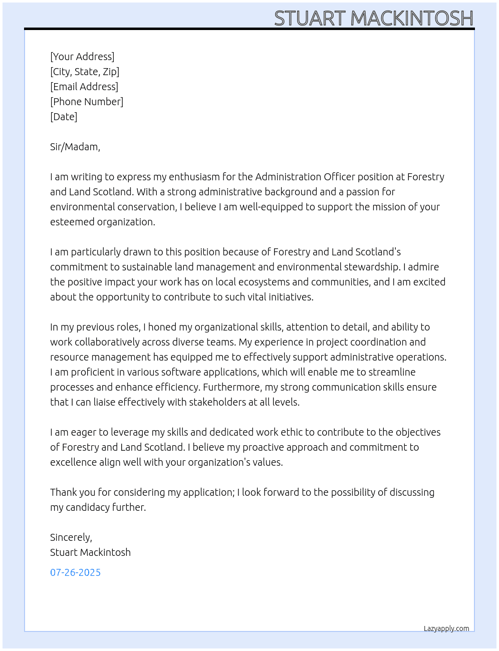 Administration Officer At Forestry and Land Scotland Cover Letter