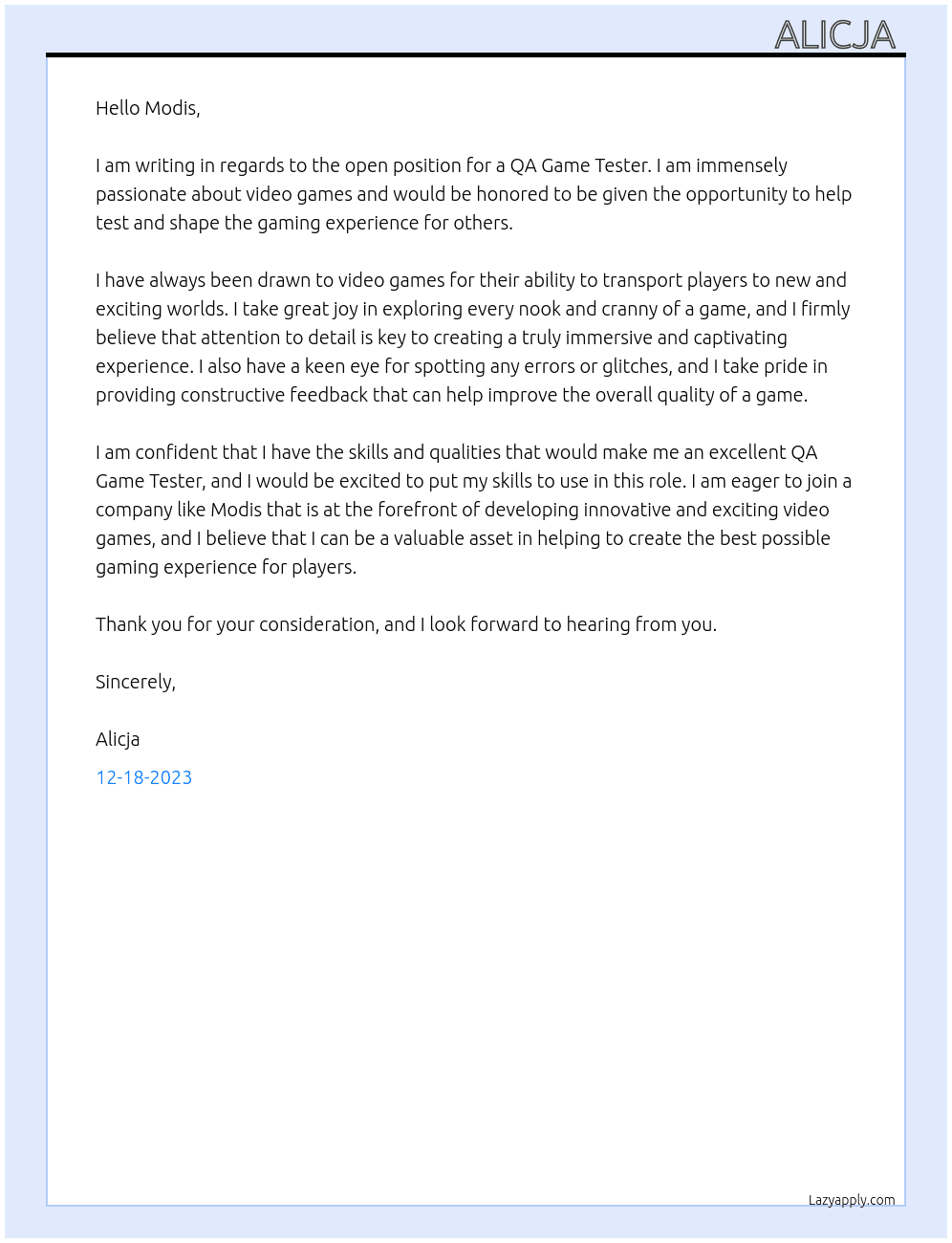 QA Game Tester At Modis Cover Letter