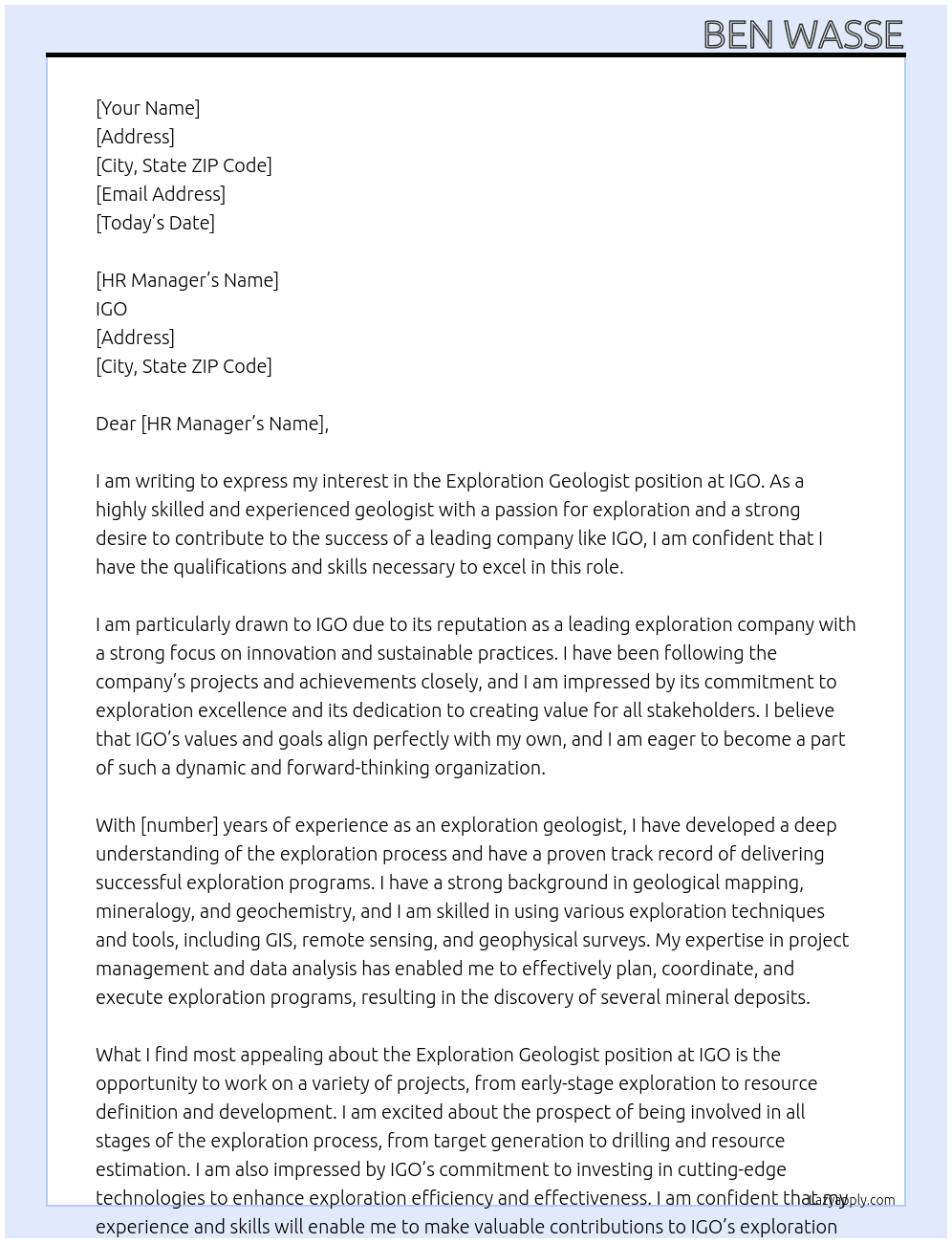 exploration geologist At IGO Cover Letter