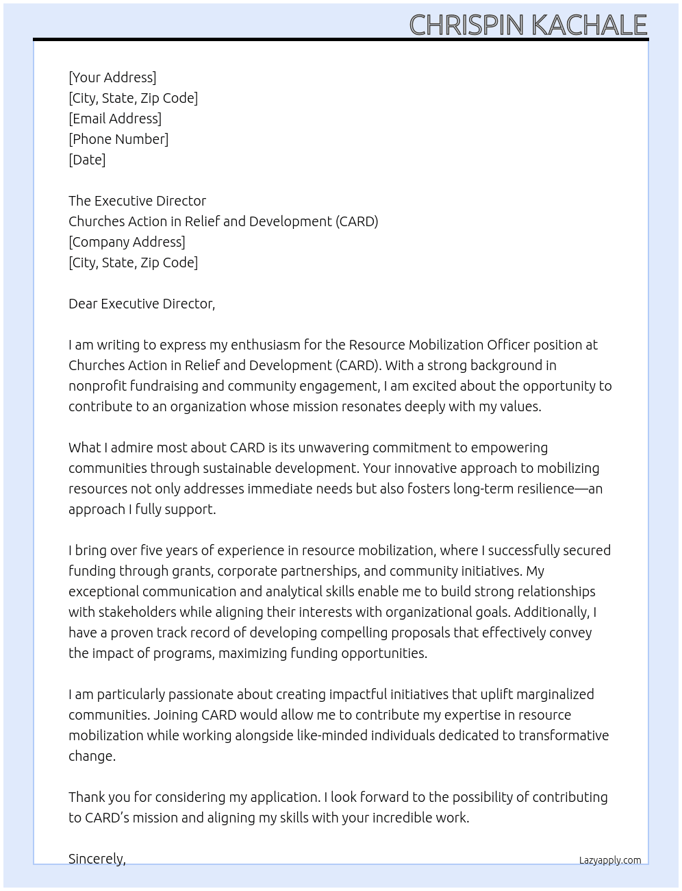Cover letter for resource moblization officer - LazyApply