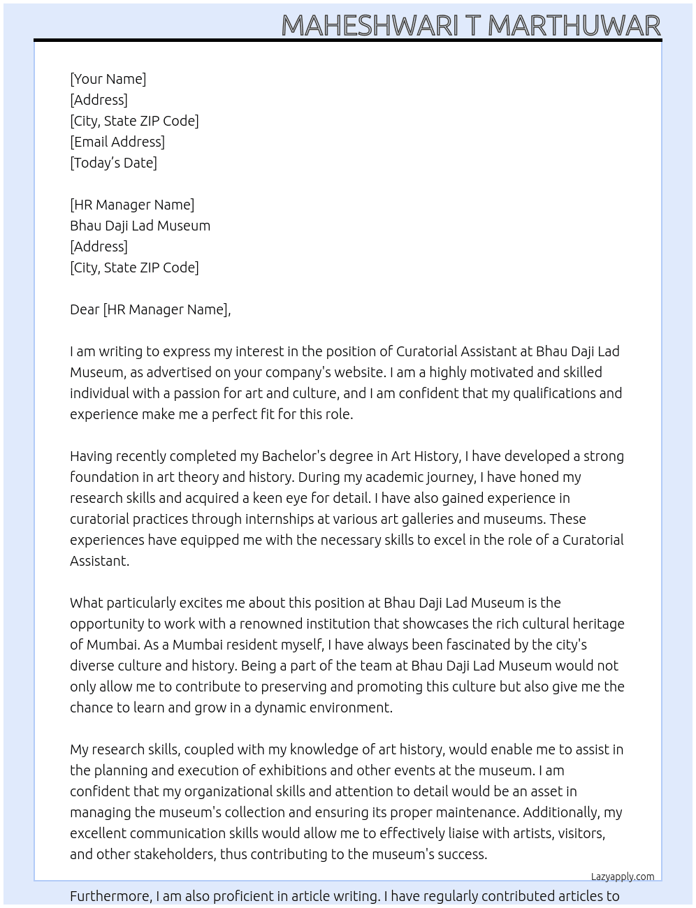 Curatorial Assistant  At Bhau Daji Lad Museum  Cover Letter