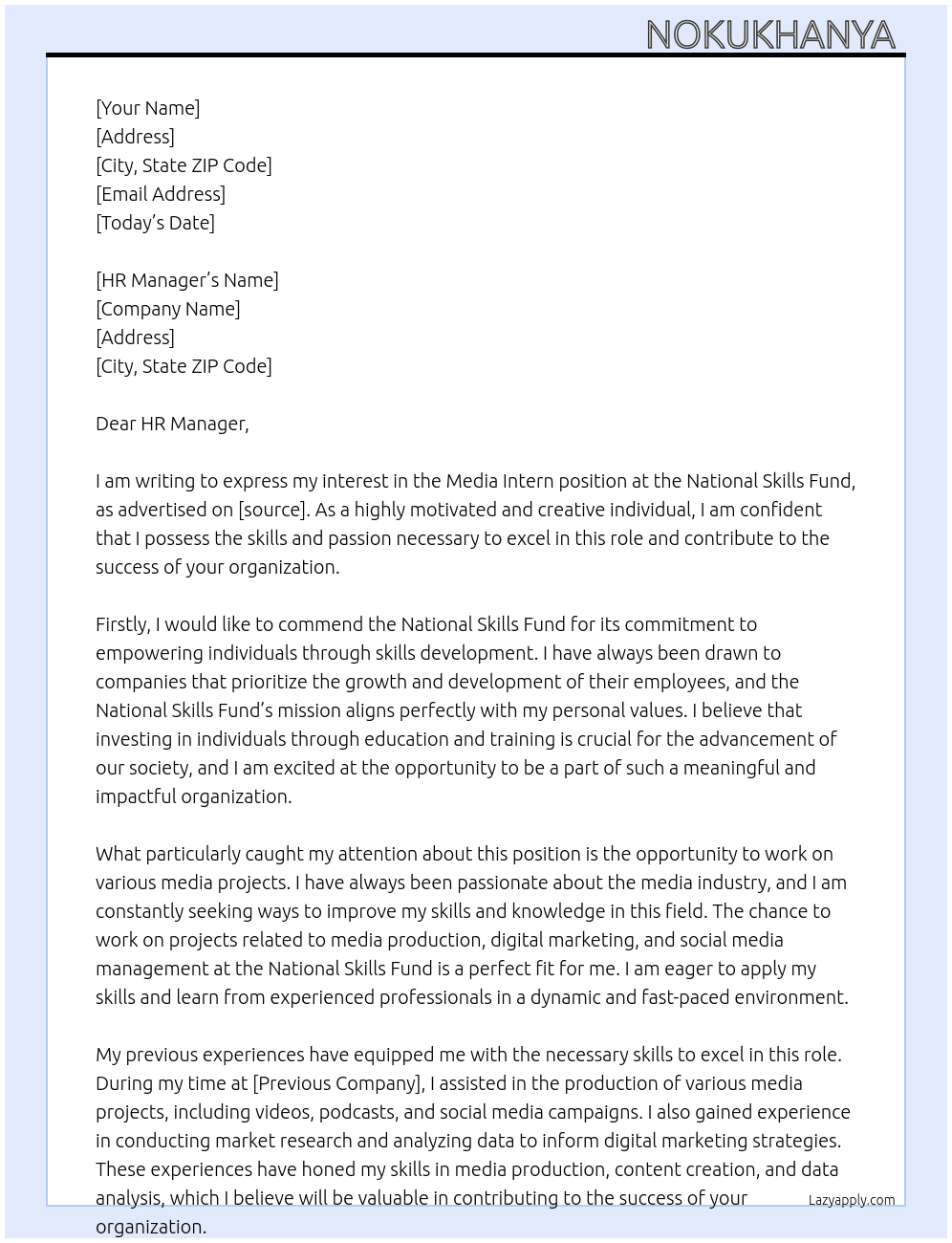 Media Intern At National Skills Fund Cover Letter