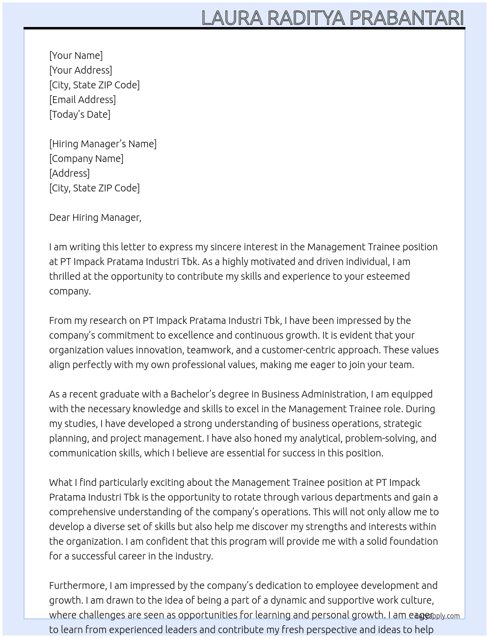 Management Trainee At PT Impack Pratama Industri Tbk Cover Letter