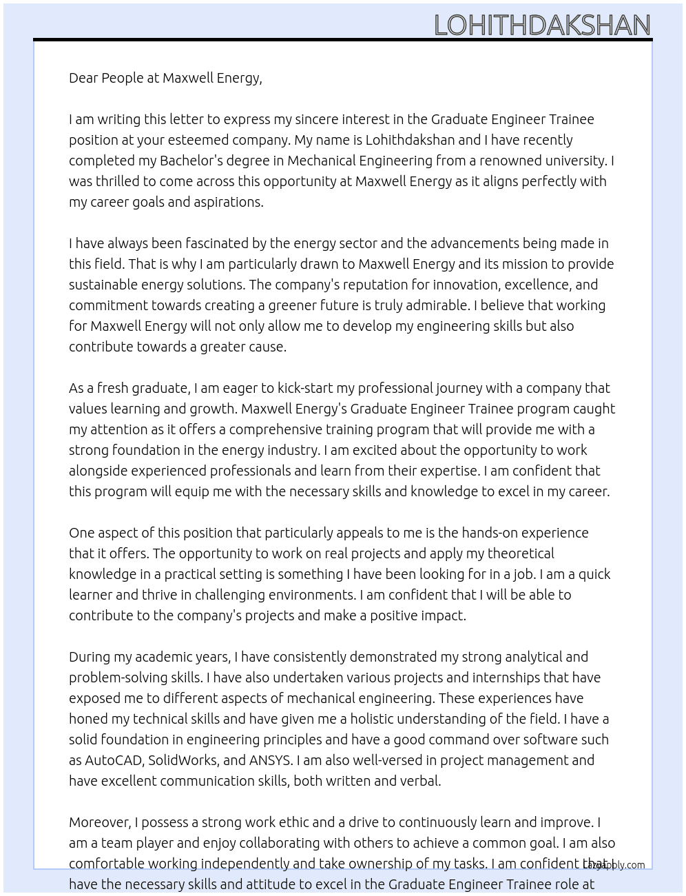 Graduate Engineer Trainee At Maxwell Energy Cover Letter
