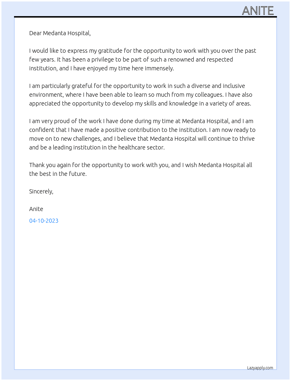 Resignation thanks letter At Mednta hospital  Cover Letter