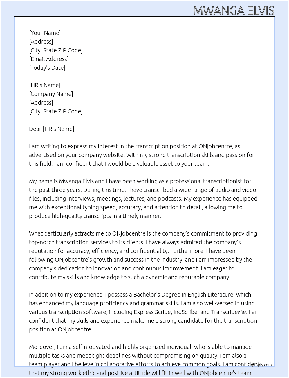 transcription At ONjobcentre Cover Letter