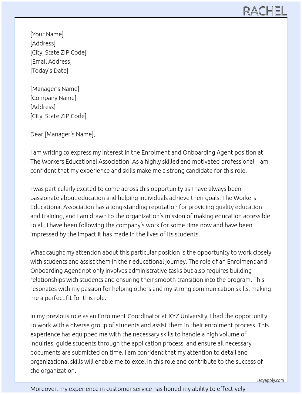 Enrolment and Onboarding Agent At The Workers Educational Association, Cover Letter