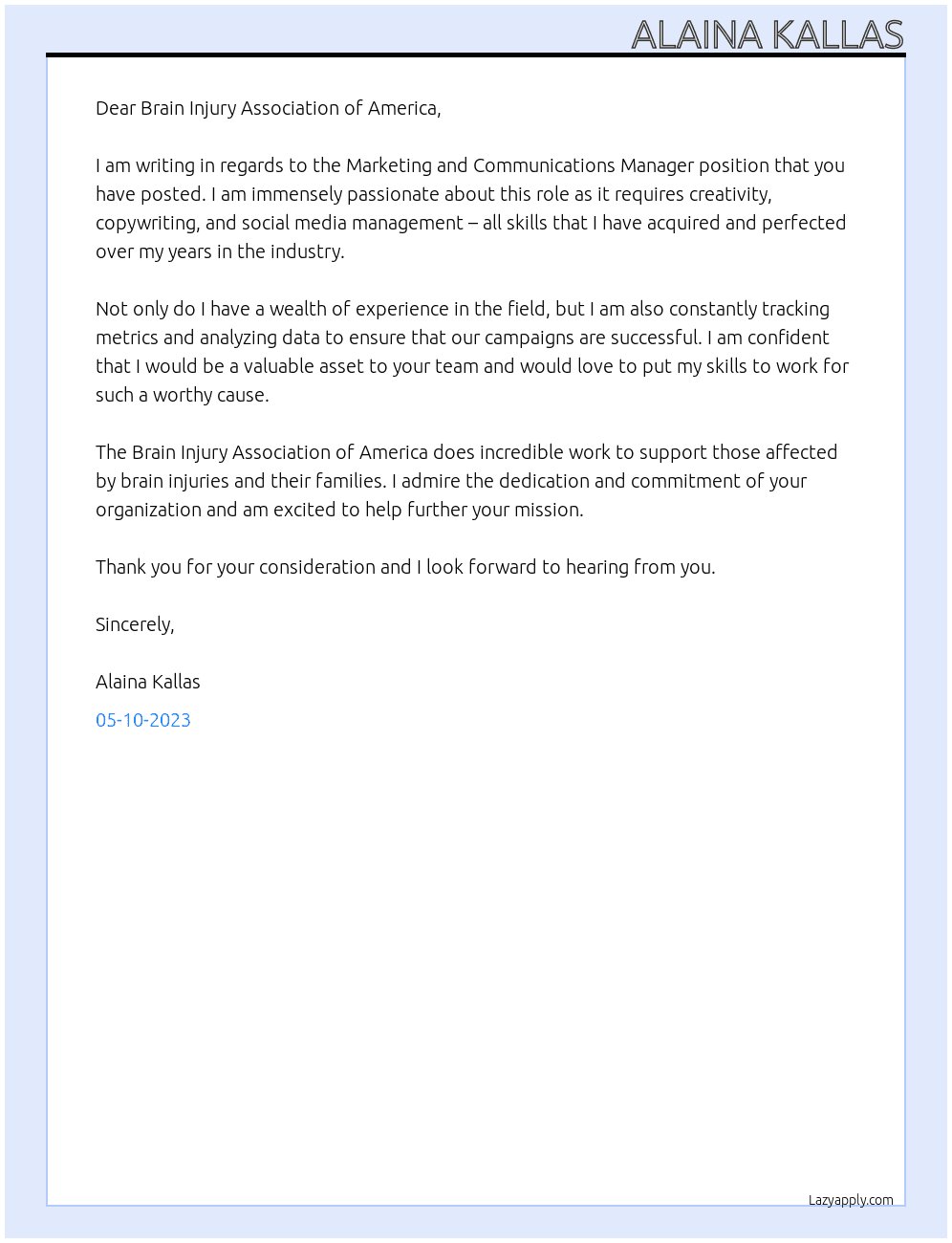 Marketing and Communications Manager At Brain Injury Association of America Cover Letter