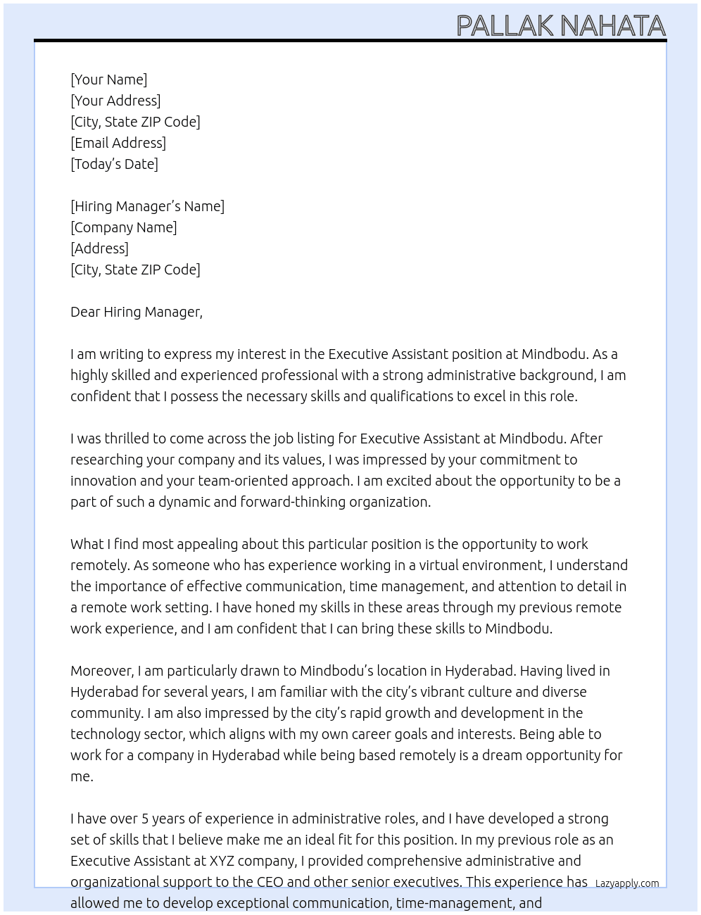 Executive Assistant  At Mindbodu Cover Letter