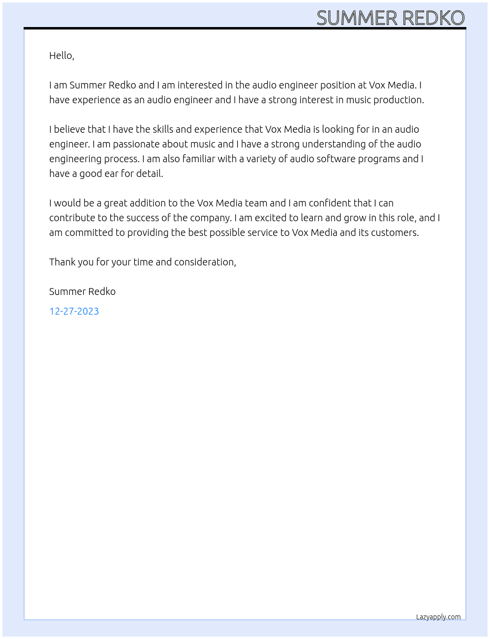 audio engineer At Vox Media Cover Letter