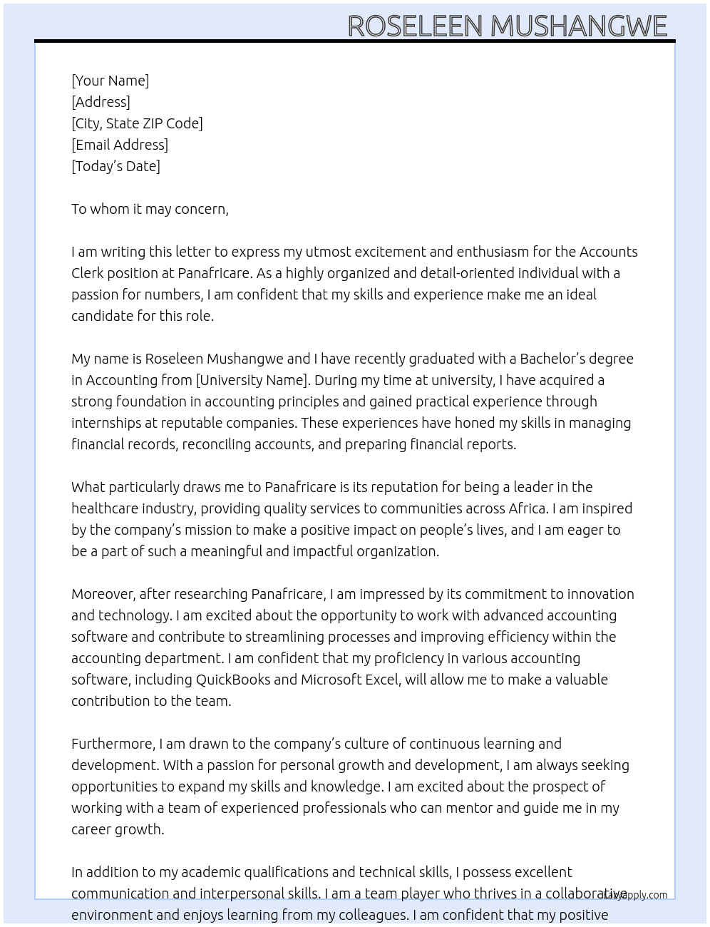 Accounts clerk  At Panafricare Cover Letter