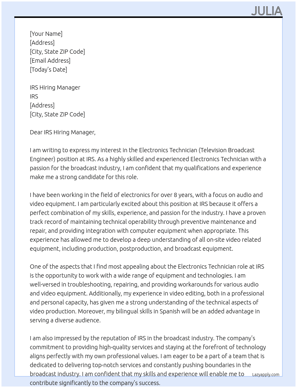 Electronics Technician (Television Broadcast Engineer) At IRS Cover Letter