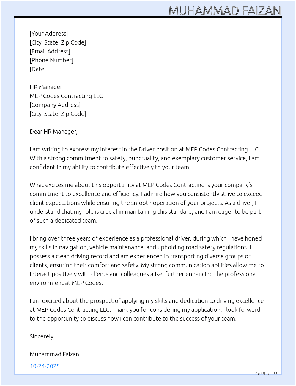 Driver At MEP codes Contracting LLC Cover Letter