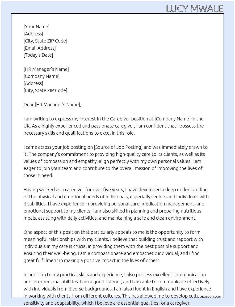 CAREGIVER At UK Cover Letter