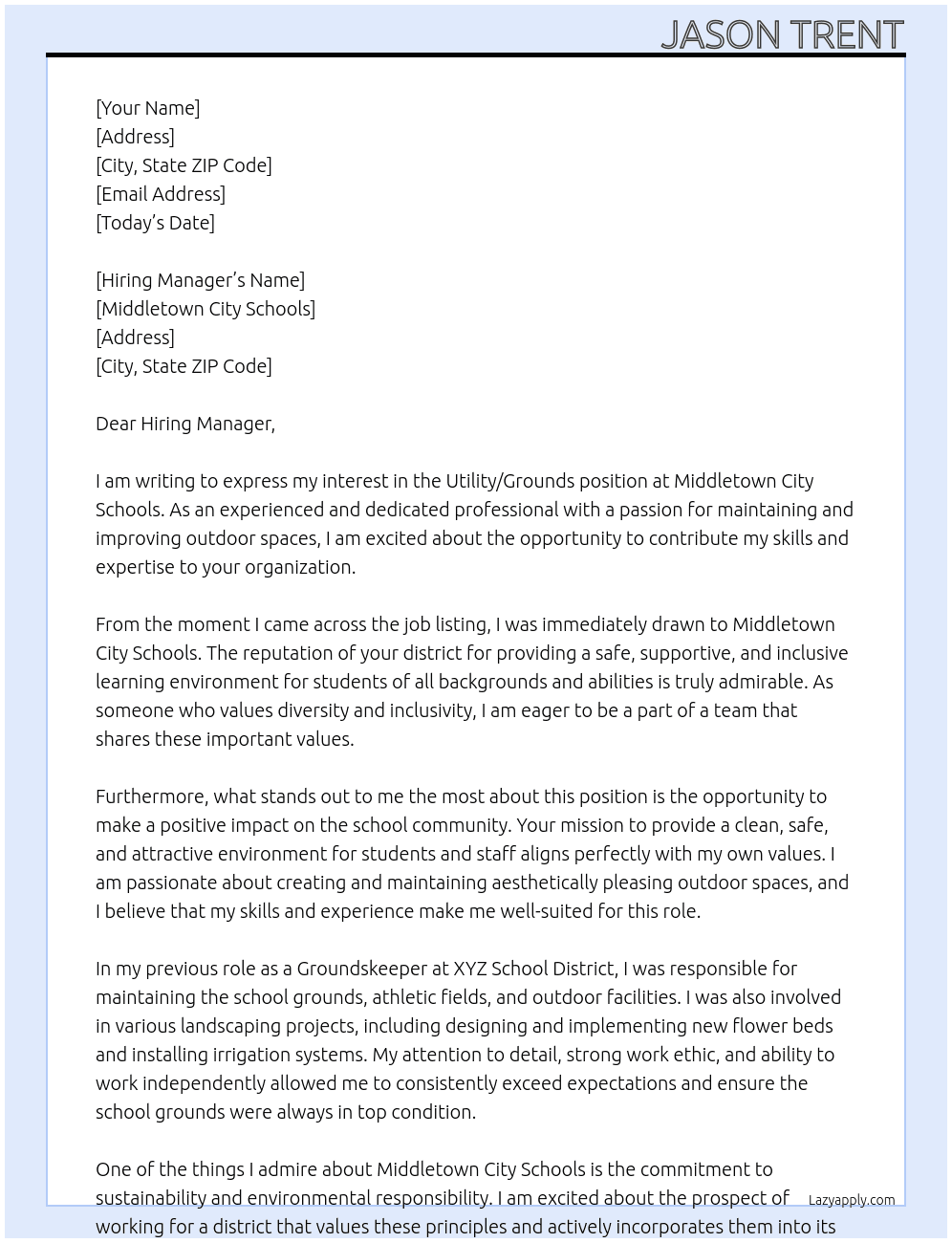 Utility/grounds  At Middletown City Schools Cover Letter