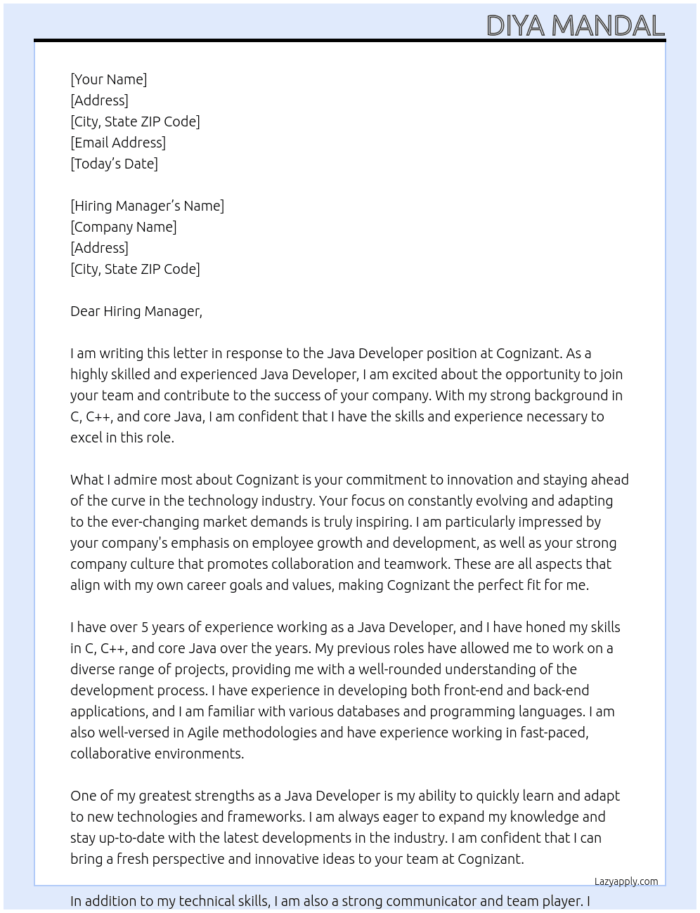 java developer At Cognizant  Cover Letter