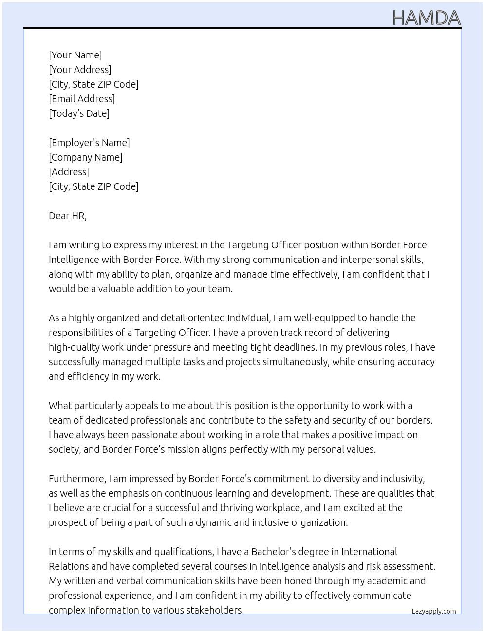 Targeting officer border force intelligence  At Border force Cover Letter