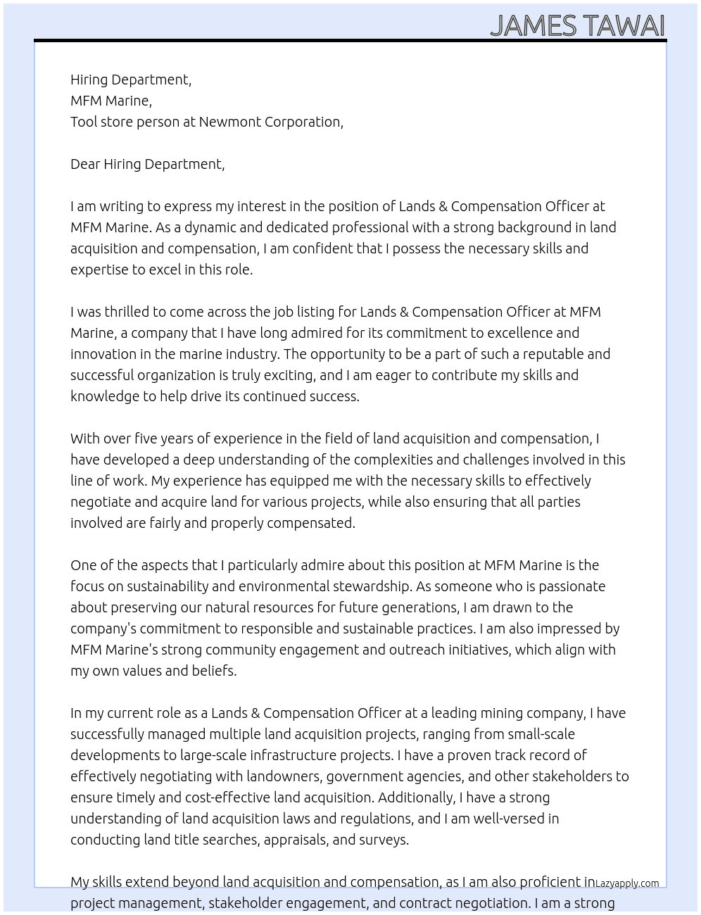 Cover letter for lands & compensation officer - LazyApply