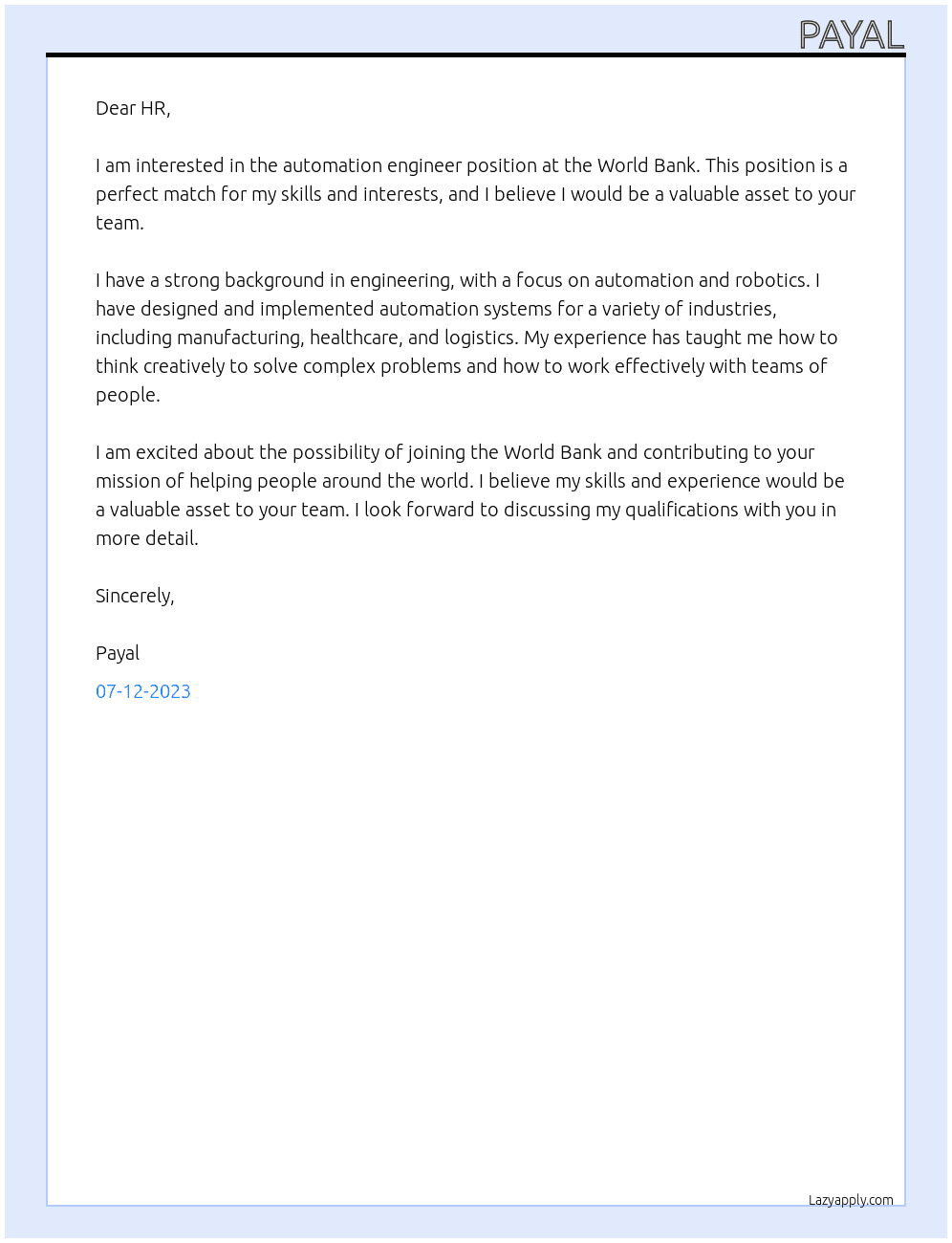 Automation engineer At World bank Cover Letter