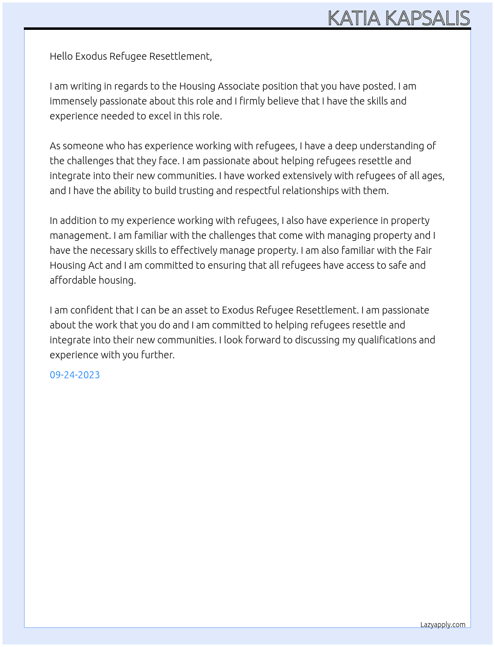 Housing Associate At Exodus Refugee Resettlement Cover Letter