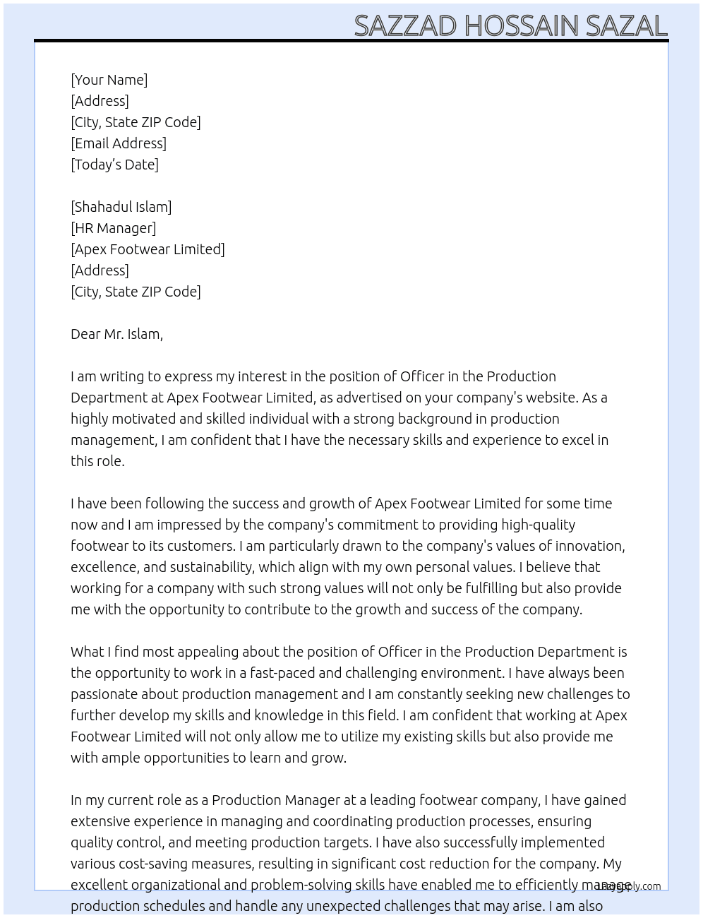 Officer (Production Department) At Apex Footwear Limited  Cover Letter
