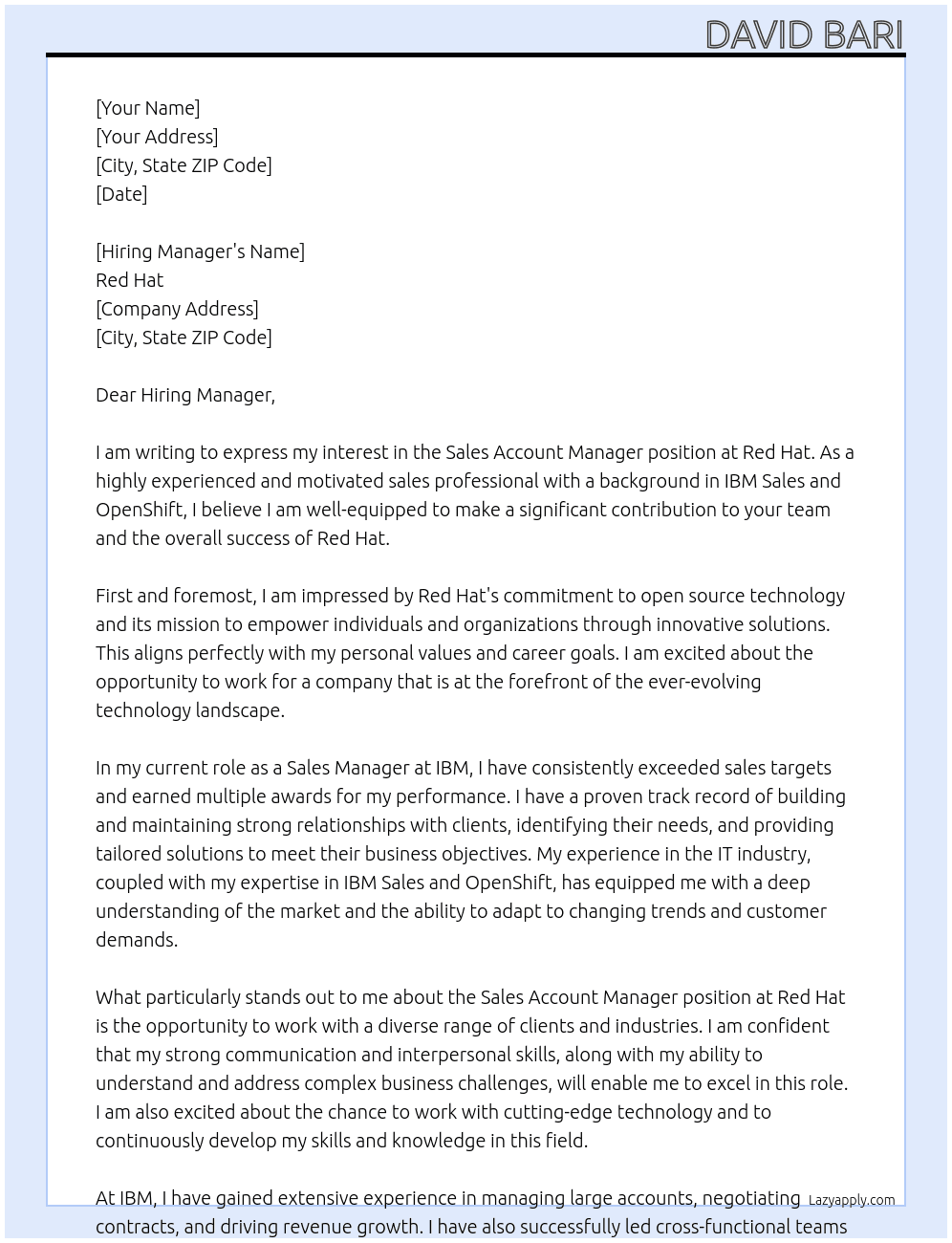 Sales Account Manager At Red Hat Cover Letter