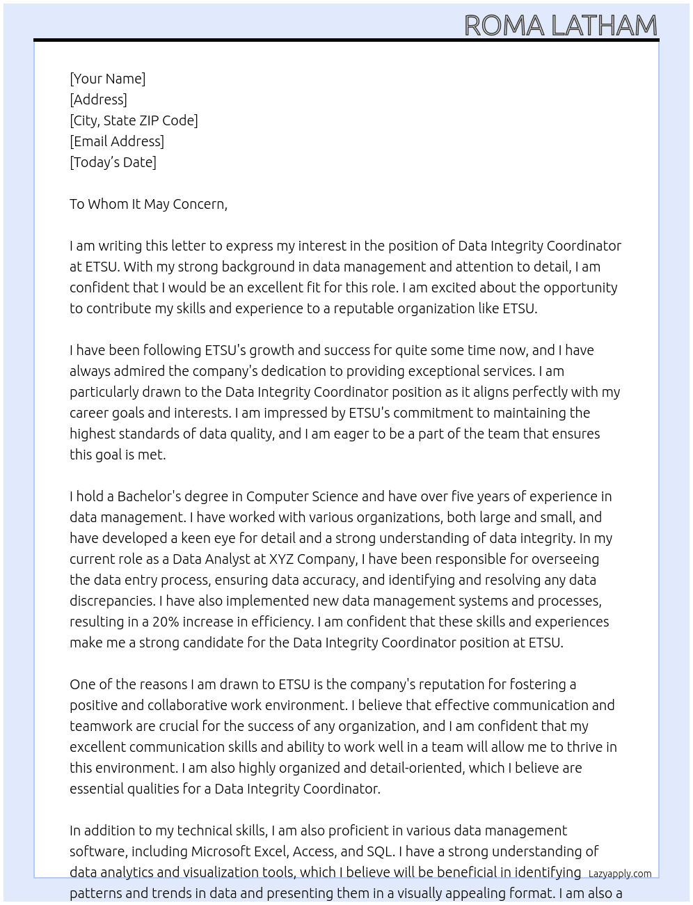 Data Integrity Coordinator At ETSU Cover Letter